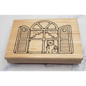 Cat In The Window Dots Country Side Wood Mounted Rubber Stamp U 123